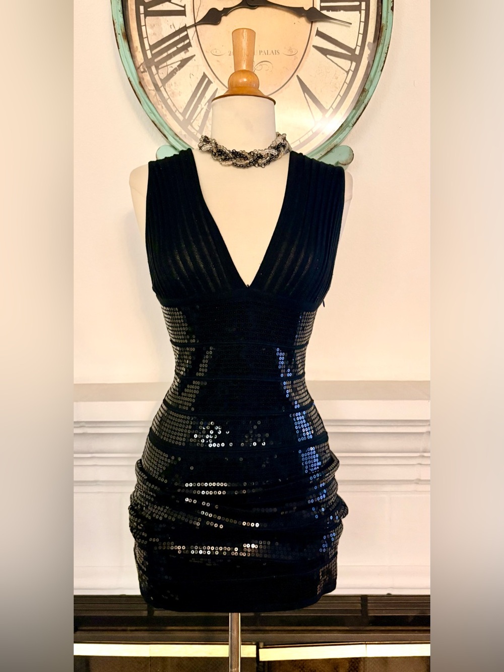 Wow couture Black Sequin Deep V Midi Dress